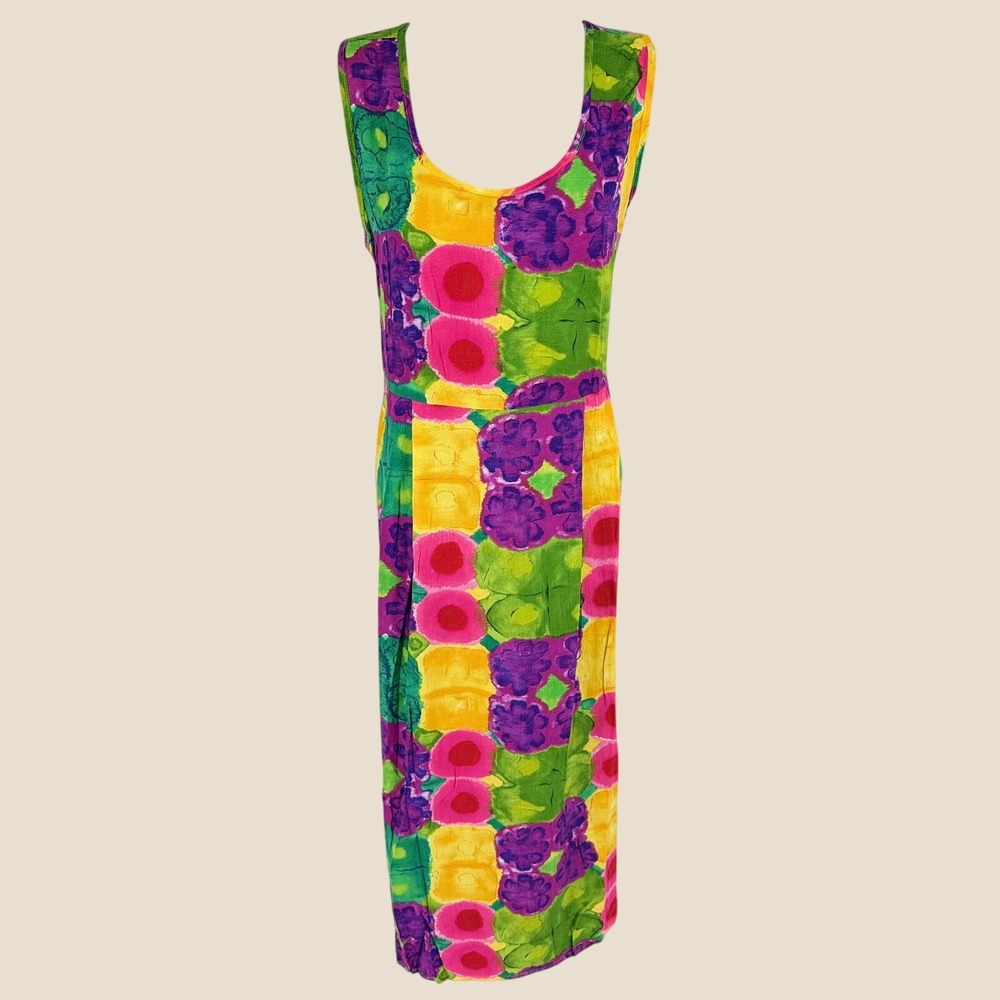 Vintage 90s Jams World Janice Dress L Colorful Abstract Floral Maxi Made USA